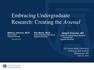 Embracing Undergraduate
Research: Creating the Arsenal
Abigail Drescher, MA
Center for Undergraduate Research
& Scholarship
Augusta University
Melissa Johnson, MLIS
Reese Library
Augusta University
Kim Mears, MLIS
Robert Greenblatt, MD Library
Augusta University
31st Annual NASIG Conference
Embracing New Horizons
Albuquerque, NM
June 10, 2016
 