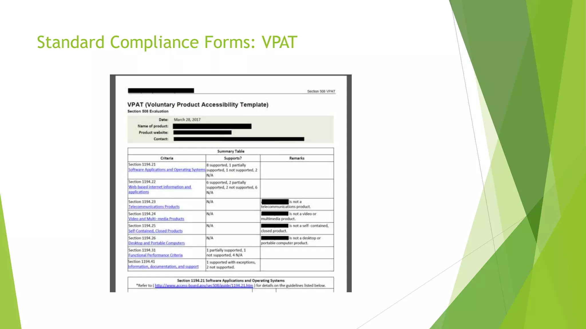 Standard Compliance Forms: VPAT
 