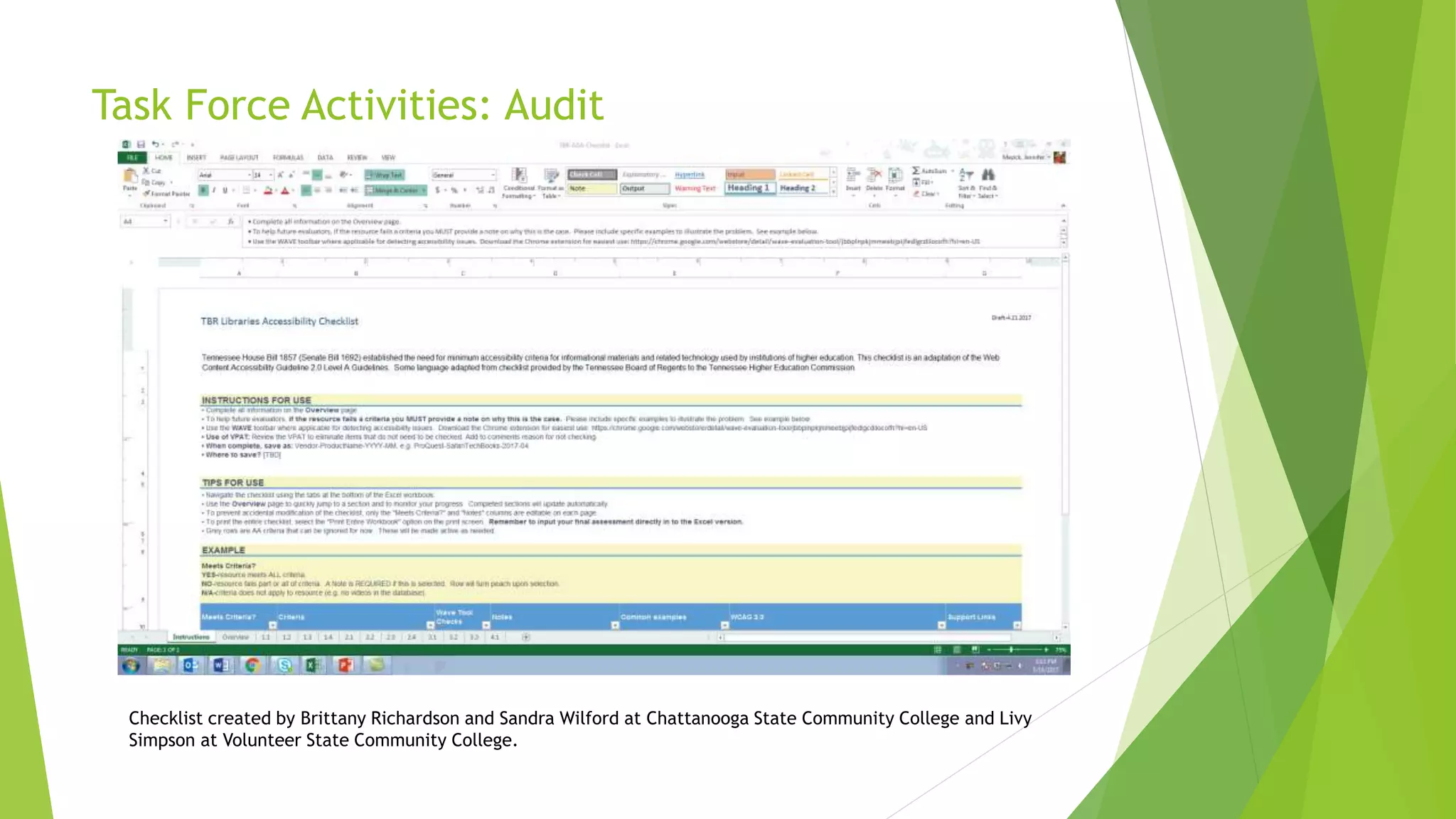 Task Force Activities: Audit
Checklist created by Brittany Richardson and Sandra Wilford at Chattanooga State Community College and Livy
Simpson at Volunteer State Community College.
 