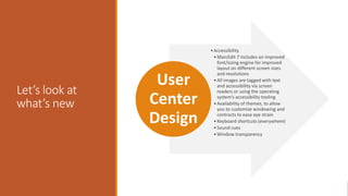 Let’s look at
what’s new
•Accessibility
•MarcEdit 7 includes an improved
font/sizing engine for improved
layout on different screen sizes
and resolutions
•All images are tagged with text
and accessibility via screen
readers or using the operating
system’s accessibility tooling
•Availability of themes, to allow
you to customize windowing and
contracts to ease eye strain
•Keyboard shortcuts (everywhere)
•Sound cues
•Window transparency
User
Center
Design
 