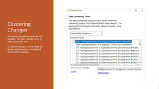 Clustering
Changes
Clustered changes are queued and
stacked. Changes happen once all
edits have been set.
Clustered changes can be made by
group, across groups, or selected
items within a group
 
