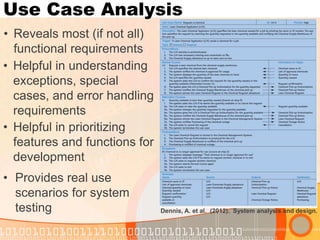 Use Case Analysis 
•Provides real use scenarios for system testing 
Dennis, A. et al. (2012). System analysis and design. 
•Reveals most (if not all) functional requirements 
•Helpful in understanding exceptions, special cases, and error handling requirements 
•Helpful in prioritizing features and functions for development  