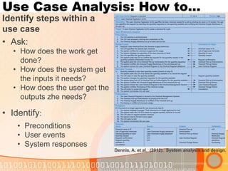 Use Case Analysis: How to… 
Identify steps within a use case 
•Ask: 
•Identify: 
Dennis, A. et al. (2012). System analysis and design. 
•How does the work get done? 
•How does the system get the inputs it needs? 
•How does the user get the outputs zhe needs? 
•Preconditions 
•User events 
•System responses  