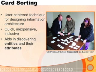 Card Sorting 
•User-centered technique for designing information architecture 
•Quick, inexpensive, inclusive 
•Aids in discovering entities and their attributes 
CC Photo Attribution: Rosenfield Media via Flickr.  