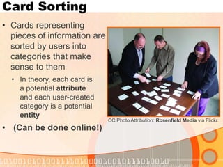 Card Sorting 
•Cards representing pieces of information are sorted by users into categories that make sense to them 
CC Photo Attribution: Rosenfield Media via Flickr. 
•In theory, each card is a potential attribute and each user-created category is a potential entity 
•(Can be done online!)  