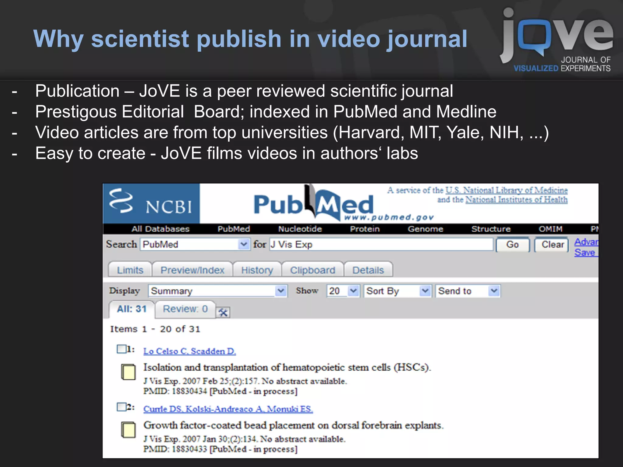 Why scientist publish in video journal

-   Publication – JoVE is a peer reviewed scientific journal
-   Prestigous Editorial Board; indexed in PubMed and Medline
-   Video articles are from top universities (Harvard, MIT, Yale, NIH, ...)
-   Easy to create - JoVE films videos in authors‘ labs
 