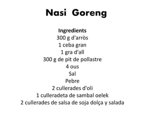 Nasi Goreng
Ingredients
300 g d'arròs
1 ceba gran
1 gra d'all
300 g de pit de pollastre
4 ous
Sal
Pebre
2 cullerades d'oli
1 culleradeta de sambal oelek
2 cullerades de salsa de soja dolça y salada
 