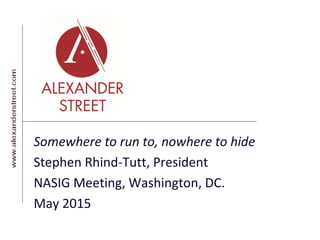 Somewhere to run to, nowhere to hide
Stephen Rhind-Tutt, President
NASIG Meeting, Washington, DC.
May 2015
 