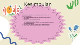 Kesimpulan
BERDASARKAN KEGIATAN YANG KITA LAKUKAN, DAPAT KITA AMBIL
KESIMPULAN BAHWA :
- VISI TIDAK HANYA SEBAGAI JARGON TAPI HARUS BENAR-BENAR DI
LAKSANAKAN
- VISI SUDAH JELAS DAN BAIK, TINGGAL DI
- VISI HARUS MELIHAT ASET YANG ADA
- VISI TIDAK BISA DIJALANKAN 1 ORANG, TAPI HARUS KERJASAMA DENGAN
SEMUA WARGA SEKOLAH
- CGP HARUS BISA MENJADI TELADAN UNTUK MURID-MURIDNYA
- SESUAI PROFIL PELAJAR PANCASILA MENUJU INDONESIA 2045
 