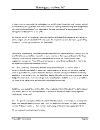 Thinking Activity blog Pdf
Prepared By Nasim Gaha Page 12
1) Brown street on his website that his books are not anti-Christian, though he is on a 'constant spiritual
journey' himself, and says that his book The Da Vinci Code is simply "an entertaining story that promotes
spiritual discussion and debate" and suggests that the book may be used "as a positive catalyst for
introspection and exploration of our faith."
Ans :My be it is truth. Because Brown say something Christian follow of darkness so He represent about
Cristina religion rules. It is truth all myth is not truth . It is imagination of Chris. So brown say something
Truth about Christian myth is not truth. But imagination.
2)Although it is obvious that much of what Brown presented in his novel as absolutely true and accurate
is neither of those, some of that material is of course essential to the intrigue, and screenwriter Akiva
Goldsman has retained the novel's core, the Grail-related material: the sacred feminine, Mary
Magdalene's marriage, the Priory of Sion, certain aspects of Leonardo's art, and so on[1].” How far do
you agree with this observation of Norris J. Lacy?
Ans: I think Christianity worship of patriarchal like as another religion. So Christian follow of
patriarchy. And Christianity believe about mam superior to women. woman has home that only has
power to give a life in this universe that's why the sacred feminine is more powerful than. Christianity
also believe in patriarchy so there is a doubtful on Shepherd feminine just because sometime we believe
that purity come with the man but we forget that woman has home that only has power to give a life in
this universe that's why the sacred feminine is more powerful than other.
3)@ (If)You have studied ‘Genesis’ (The Bible), ‘The Paradise Lost’ (John Milton) and ‘The Da Vinci Code’
(Dan Brown). Which of the narrative/s seem/s to be truthful? Whose narrative is convincing to the
contemporary young mind?
Ans: the paradise lost by John Milton . It is not Truth but narrative is convincing to the contemporary
young mind. Example Eve and Adam is good cupals but wife convince of Adam eat apple .it is present
example. And satan is villain so I think narrative is convincing to the contemporary young mind. But
All are myth and imagination of Christian.
 