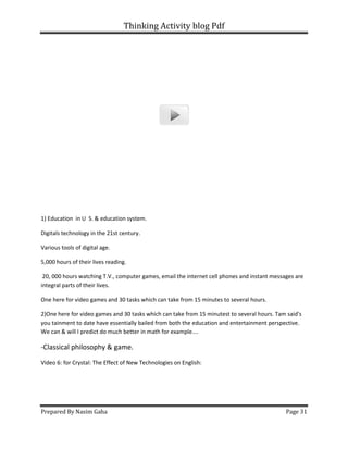 Thinking Activity blog Pdf
Prepared By Nasim Gaha
1) Education in U S. & education system.
Digitals technology in the 21st century.
Various tools of digital age.
5,000 hours of their lives reading.
20, 000 hours watching T.V., computer games, email the internet cell phones and instant messages are
integral parts of their lives.
One here for video games and 30 tasks which can take from 15 minutes to several hours.
2)One here for video games and 30 tasks which can take from 15 minutest to several hours. Tam said's
you tainment to date have essentially bailed from both the education and entertainment per
We can & will I predict do much better in math for example....
-Classical philosophy & game.
Video 6: for Crystal: The Effect of New Technologies on English:
Thinking Activity blog Pdf
S. & education system.
ls technology in the 21st century.
20, 000 hours watching T.V., computer games, email the internet cell phones and instant messages are
es and 30 tasks which can take from 15 minutes to several hours.
2)One here for video games and 30 tasks which can take from 15 minutest to several hours. Tam said's
you tainment to date have essentially bailed from both the education and entertainment per
can & will I predict do much better in math for example....
Classical philosophy & game.
Video 6: for Crystal: The Effect of New Technologies on English:
Page 31
20, 000 hours watching T.V., computer games, email the internet cell phones and instant messages are
es and 30 tasks which can take from 15 minutes to several hours.
2)One here for video games and 30 tasks which can take from 15 minutest to several hours. Tam said's
you tainment to date have essentially bailed from both the education and entertainment perspective.
 