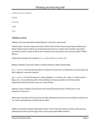 Thinking Activity blog Pdf
Prepared By Nasim Gaha Page 4
Anthony (Tony) Webster
Adrian
Veronica
Sarah
Alex
Thinking Activity
1)What is the meaning of phrase ‘Blood Money’ in Veronica’s reply email?
"Boold money" iveronica reply email means. blood involve in that money and parhaps that blood was
Adrian’s blood. Because Adrian has relationship with Veronica’s mother Sarah and that’s why Adrian
committed suicide so, blood of Adrian was involved in that money that’s why Veronica called it “Blood
Money.”
2)How do you decipher the equation: b = s – v x/+ a1 or a2 + v + a1 X s = b?
b(Baby) =S(Sarah)- Veronicax/+ Adrian or Adrian+Veronica +Adrian xSarah=Baby
b = s – v x/+ a1. In this first formula doesn't involved Tony and seems to imply little more than Sarah and
Adrin together in veronica's absence.
a2 + v + a1 X s = b? In this formula, A2 = Antony Webster, V = Veronica, A1 = Adrin, S = Sarah Ford, B =
Baby, a1xs = a1's relationship with S. Antony Webster ,Veronica and Adrin are friends and the
relationship of Adrin with Sarah came as a result of baby.
3)Adrian’s diary is willed to Tony by Sarah Ford. Why did Sarah Ford own it? Why was it in the
possession of Veronica?
When Sarah Ford diary of Tony because she affair with Adrian and Veronica care of Adrian and Sarah of
sun. Sarah will explanation of Adrian and her affair.
4)Was the mentally retarded middle aged ‘Adrian’, Tony’s friend who did not commit suicide and was
suffering from trauma and thus gone mad, and was living with hidden identity?
 