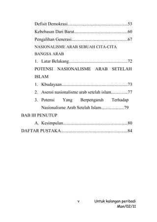Defisit Demokrasi.....................................................53
         Kebebasan Dari Barat...............................................60
         Pengalihan Generasi..................................................67
         NASIONALISME ARAB SEBUAH CITA-CITA
         BANGSA ARAB
         1. Latar Belakang....................................................72
         POTENSI NASIONALISME ARAB SETELAH
         ISLAM
         1. Kbudayaan...........................................................73
         2. Asensi nasionalisme arab setelah islam..............77
         3. Potensi          Yang            Berpengaruh          Terhadap
              Nasionalisme Arab Setelah Islam....................79
BAB III PENUTUP
         A. Kesimpulan.........................................................80
DAFTAR PUSTAKA...........................................................84




                                         v           Untuk kalangan peribadi
                                                                 Man/02/11
 