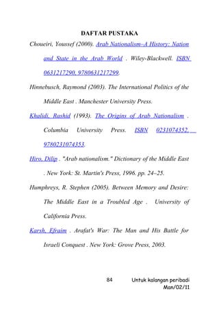 DAFTAR PUSTAKA
Choueiri, Youssef (2000). Arab Nationalism–A History: Nation

     and State in the Arab World . Wiley-Blackwell. ISBN

     0631217290, 9780631217299.

Hinnebusch, Raymond (2003). The International Politics of the

     Middle East . Manchester University Press.

Khalidi, Rashid (1993). The Origins of Arab Nationalism .

     Columbia     University    Press.    ISBN    0231074352,

     9780231074353.

Hiro, Dilip . "Arab nationalism." Dictionary of the Middle East

     . New York: St. Martin's Press, 1996. pp. 24–25.

Humphreys, R. Stephen (2005). Between Memory and Desire:

     The Middle East in a Troubled Age .          University of

     California Press.

Karsh, Efraim . Arafat's War: The Man and His Battle for

     Israeli Conquest . New York: Grove Press, 2003.




                               84        Untuk kalangan peribadi
                                                     Man/02/11
 