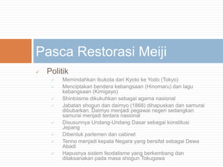 Pasca Restorasi Meiji


Politik











Memindahkan ibukota dari Kyoto ke Yodo (Tokyo)
Menciptakan bendera kebangsaan (Hinomaru) dan lagu
kebangsaan (Kimigayo)
Shintoisme dikukuhkan sebagai agama nasional
Jabatan shogun dan daimyo (1868) dihapuskan dan samurai
dibubarkan. Daimyo menjadi pegawai negeri sedangkan
samurai menjadi tentara nasional
Disusunnya Undang-Undang Dasar sebagai konstitusi
Jepang
Dibentuk parlemen dan cabinet
Tenno menjadi kepala Negara yang bersifat sebagai Dewa
Abadi
Hapusnya sistem feodalisme yang berkembang dan
dilaksanakan pada masa shogun Tokugawa

 