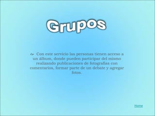  Con este servicio las personas tienen acceso a
 un álbum, donde pueden participar del mismo
   realizando publicaciones de fotografías con
comentarios, formar parte de un debate y agregar
                     fotos.




                                                   Home
 