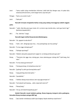 Jarot

: “kamu sudah cukup memberikan informasi. Lebih baik ikut dengan saya. Ini pakai dulu
isolasinya dimulut kamu, nanti tangan kamu saya ikat yah.”

Petugas : “kamu urus anak ini yah..”
Jarot

: “baik pak.”
Nasrudin ternyata mengetahui bahwa orang yang sedang menunggunya adalah anggota

polisi.
Nasrudin : “ aduh, tiba-tiba perut gue mules nih. Lo temui saja mereka dulu, nanti gue kesini lagi.”
(berbicara kepada AB 1)
AB 1

: “ba.. baik bos.” (ragu)
Nasrudin kaget melihat Rozaq berada dibelakangnya.

Nasrudin : “eh, ngapain lo ada disini?”
Rozaq

: “eeeh.. eeh.. (bingung) saya mau... mau pulang bang. Iya mau pulang.”

Nasrudin : “lo mau ngga nolongin gue?”
Rozaq

: “tolongin apa bang?”

Nasrudin : “didalem ada polisi yang kemarin ngejar lo. Lo tolong sembunyiin gue yah.”
Rozaq

: “*kemaren dia ngga mau nolong gue, masa sekarang gue nolong dia?* baik bang, ikut
saya..”

Nasrudin : “lo mau bawa gue kemana?”
Rozaq

: “tenang aja bang, ini tempatnya aman ko.”

Nasrudin : “gudang? Lo pikir gue barang bekas apa?”
Rozaq

: “yang penting aman dari polisi..”

Nasrudin : “yasudahlah.”
Rozaq

: “silahkan abang masuk duluan, biar saya jaga tempat ini.”

Nasrudin : “terimakasih yah baaang.... aduh, siapa tadi nama lo?”
Rozaq

: “Rozaq bang.”

Nasrudin : “oh iya, terimaksih bang Rozaq yah.”
Setelah Nasrudin masuk kedalam gudang, Rozaq langsung mengunci pintu gudangnya.
Kemudian Rozaq menelpon petugas BNP lagi.
Rozaq

: “pak, bandar narkobanya sudah saya tangkap. Bapak sebaiknya cepat kesini.”

 