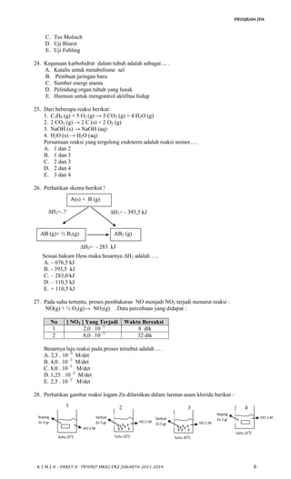 PROGRAM IPA
- K I M I A - PAKET A- TRYOUT MKKS DKI JAKARTA 2013-2014 6
C. Tes Molisch
D. Uji Biuret
E. Uji Fehling
24. Kegunaan karbohidrat dalam tubuh adalah sebagai ... .
A. Katalis untuk metabolisme sel
B. Pembuat jaringan baru
C. Sumber energi utama
D. Pelindung organ tubuh yang lunak
E. Hormon untuk mengontrol aktifitas hidup
25. Dari beberapa reaksi berikut:
1. C3H8 (g) + 5 O2 (g) → 3 CO2 (g) + 4 H2O (g)
2. 2 CO2 (g) → 2 C (s) + 2 O2 (g)
3. NaOH (s) → NaOH (aq)
4. H2O (s) → H2O (aq)
Persamaan reaksi yang tergolong endoterm adalah reaksi nomor….
A. 1 dan 2
B. 1 dan 3
C. 2 dan 3
D. 2 dan 4
E. 3 dan 4
26. Perhatikan skema berikut !
Sesuai hukum Hess maka besarnya ∆H2 adalah ….
A. – 676,5 kJ
B. - 393,5 kJ
C. – 283,0 kJ
D. – 110,5 kJ
E. + 110,5 kJ
27. Pada suhu tertentu, proses pembakaran NO menjadi NO2 terjadi menurut reaksi :
NO(g) + ½ O2(g)→ NO2(g) . Data percobaan yang didapat :
No [ NO2 ] Yang Terjadi Waktu Bereaksi
1 2,0 . 10 -1
8 dtk
2 8,0 . 10 -1
32 dtk
Besarnya laju reaksi pada proses tersebut adalah ... .
A. 2,5 . 10 -3
M/det
B. 4,0 . 10 -3
M/det
C. 8,0 . 10 -3
M/det
D. 1,25 . 10 -2
M/det
E. 2,5 . 10 -2
M/det
28. Perhatikan gambar reaksi logam Zn dilarutkan dalam larutan asam klorida berikut :
2 3 4
A(s) + B (g)
∆H2=..? ∆H1= - 393,5 kJ
AB (g)+ ½ B2(g) AB2 (g)
∆H3= - 283 kJ
HCl 2 M
Serbuk
Zn 5 gr
Suhu 250
C
HCl 2 M
Serbuk
Zn 5 gr
Suhu 350
C
HCl 2 M
Keping
Zn 5 gr
Suhu 250
C
1
HCl 1 M
Keping
Zn 5 gr
Suhu 250
C
 