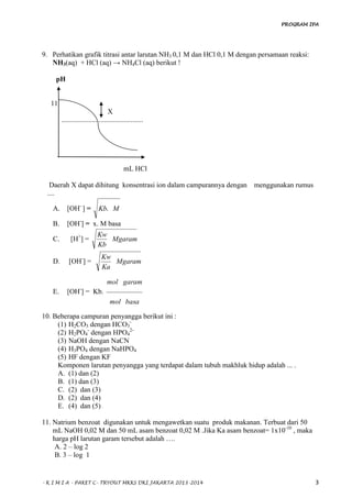 PROGRAM IPA
- K I M I A - PAKET C- TRYOUT MKKS DKI JAKARTA 2013-2014 3
9. Perhatikan grafik titrasi antar larutan NH3 0,1 M dan HCl 0,1 M dengan persamaan reaksi:
NH3(aq) + HCl (aq) → NH4Cl (aq) berikut !
pH
11
X
..............................................
mL HCl
Daerah X dapat dihitung konsentrasi ion dalam campurannya dengan menggunakan rumus
....
A. [OH-
] = MKb.
B. [OH-
] = x. M basa
C. [H+
] = Mgaram
Kb
Kw
D. [OH-
] = Mgaram
Ka
Kw
E. [OH-
] = Kb.
basamol
garammol
10. Beberapa campuran penyangga berikut ini :
(1) H2CO3 dengan HCO3
-
(2) H2PO4
-
dengan HPO4
2-
(3) NaOH dengan NaCN
(4) H3PO4 dengan NaHPO4
(5) HF dengan KF
Komponen larutan penyangga yang terdapat dalam tubuh makhluk hidup adalah ... .
A. (1) dan (2)
B. (1) dan (3)
C. (2) dan (3)
D. (2) dan (4)
E. (4) dan (5)
11. Natrium benzoat digunakan untuk mengawetkan suatu produk makanan. Terbuat dari 50
mL NaOH 0,02 M dan 50 mL asam benzoat 0,02 M .Jika Ka asam benzoat= 1x10-10
, maka
harga pH larutan garam tersebut adalah ….
A. 2 – log 2
B. 3 – log 1
 