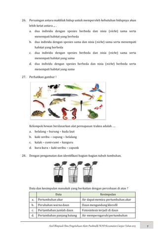 SoalOlimpiadeIlmuPengetahuanAlam PusbindikTK/SDKecamatanCianjurTahun2015 7
26. Persaingan antara makhluk hidup untuk memperoleh kebutuhan hidupnya akan
lebih ketat antara ... .
a. dua individu dengan spesies berbeda dan nisia (niche) sama serta
menempati habitat yang berbeda
b. dua individu dengan spesies sama dan nisia (niche) sama serta menempati
habitat yang berbeda
c. dua individu dengan spesies berbeda dan nisia (niche) sama serta
menempati habitat yang sama
d. dua individu dengan spesies berbeda dan nisia (niche) berbeda serta
menempati habitat yang sama
27. Perhatikan gambar !
Kelompok hewan berdasarkan alat pernapasan trakea adalah ….
a. belalang – burung – kuda laut
b. kaki seribu – capung – belalang
c. katak – cumi-cumi – kanguru
d. kura-kura – kaki seribu – capunk
28. Dengan pengamatan dan identifikasi bagian-bagian tubuh tumbuhan.
Data dan kesimpulan manakah yang berkaitan dengan percobaan di atas ?
Data Kesimpulan
a. Pertumbuhan akar Air dapat memicu pertumbuhan akar
b. Perubahan warna daun Daun mengandung klorofil
c. Pertambahan jumlah daun Fotosintesis terjadi di daun
d. Pertambahan panjang batang Air memperngaruhi pertumbuhan
 