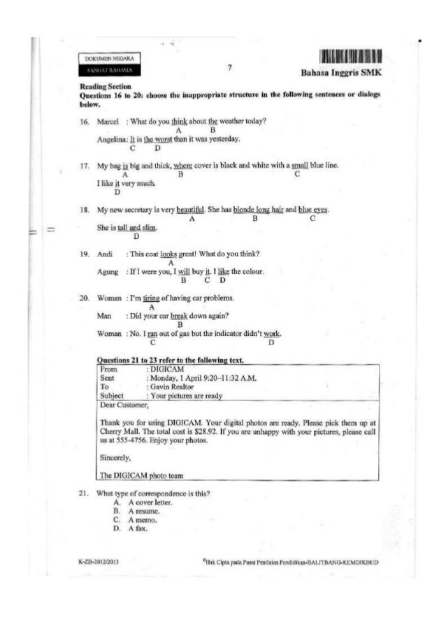 Naskah Soal Un Bahasa Inggris Smk 2013 Paket 1
