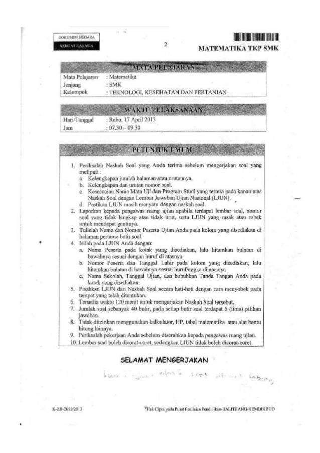 Naskah Soal Un Matematika Smk 2013 Teknologi Kesehatan Dan Pertanian