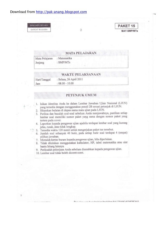Naskah soal un matematika smp 2011 (paket 15)