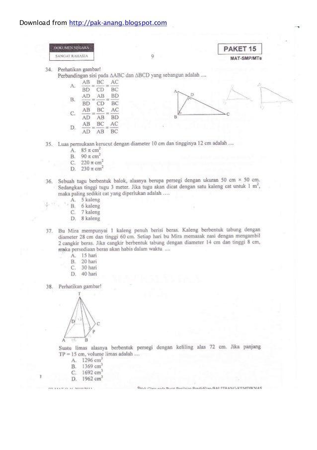 Naskah Soal Un Matematika Smp 2011 Paket 15