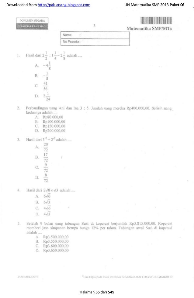 Naskah Soal Un Matematika Smp 2013 55 Paket Soal Pak Anang Blogspot