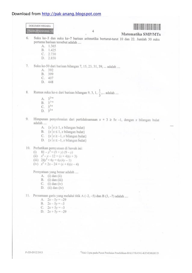Naskah Soal Un Matematika Smp 2013 Paket 1