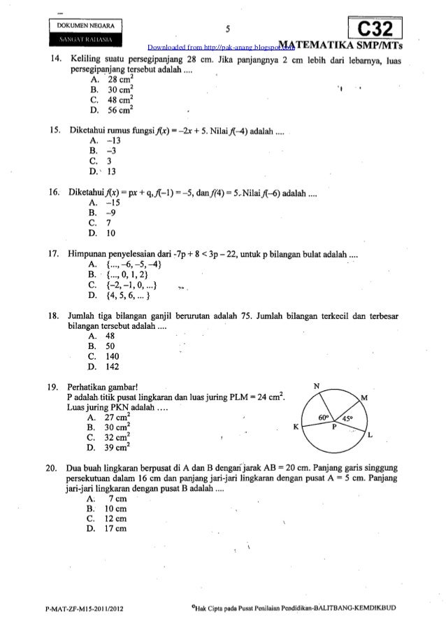 Naskah Soal Un Matematika Smp Paket C32