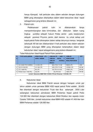 40
hanya 4(empat) kali perbulan atau dalam sebulan dengan dukungan
BBM yang diharapkan ditampilkan dalam tabel kebutuhan ideal kapal
sebagaimana yang tertera dibawah ini;
3. Patroli rutin
Pelaksanaan patroli rutin ini dilaksanakan tanpa
mempertimbangkan data kriminalitas, dan dilakukan dalam ruang
lingkup yuridiksi wilayah hukum Polda Jambi yaitu keseluruhan
wilayah perairan Provinsi Jambi, oleh karena itu untuk setiap unit
kapal patroli Polisi diharapkan dalam setiap tahunnya mampu bergerak
sebanyak 48 kali dan dilaksanakan 4 kali perbulan atau dalam sebulan
dengan dukungan BBM yang diharapkan tertampilkan dalam tabel
kebutuhan ideal kapal sebagaimana yang tertera dibawah ini;
Tabel Kebutuhan Ideal Kapal Patroli Polisi pertahun
N
O
TYPE KAPAL/MESIN KEBUTUHAN LTR /
HARI X MESIN
JUMLAHLTR / HARI X
JUMLAH KAPAL X
JUMLAH PATROLI
IDEALX
JUMLAH
KEBUTUHAN
REAL/PERTAHUN
KET
1 C2 ( 2X261 PK CUMINS ) 2 X 400 LTR 800 LTR X 1 X 48 38400 LTR HSD
2 C2 (2 X 200 PK) 2 X 160 LTR 320 LTR X 7 X 48 107520 LTR MT-88
3 C3 ( 1X85 PK) 80 LTR 80 LTR X 4 X 48 15360 LTR MT-88
4 Rubber boat ( 1X40 PK) 35 LTR 35 LTR X 48 1680 LTR MT-88
Jumlah kebutuhan BBM HSD= 38.400 LTR dan Pertamax =124.560 LTR
4. Kebutuhan Ideal
Kebutuhan ideal BBM Patroli sesuai dengan harapan untuk per
tahun adalah untuk pemakai BBM HSD kapal patroli Polisi adalah 38.400
liter ditambah dengan kebutuhan Truck dan Bus sebanyak 3000 Liter
sedangkan kebutuhan pemakaian BBM Pertamax Kapal patroli Polisi
124.560 liter ditambah dengan kebutuhan Mobil Direktur dan sepeda motor
Caraka 1500 liter, Jumlah kebutuhan ideal BBM HSD adalah 41.400 liter dan
BBM Pertamax adalah 126.060 liter.
 