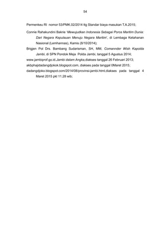 54
Permenkeu RI nomor 53/PMK.02/2014 ttg Standar biaya masukan T.A.2015;
Connie Rahakundini Bakrie ‘Mewujudkan Indonesia Sebagai Poros Maritim Dunia:
Dari Negara Kepulauan Menuju Negara Maritim’, di Lembaga Ketahanan
Nasional (Lemhannas), Kamis (8/10/2014);
Brigjen Pol Drs. Bambang Sudarisman, SH, MM, Comannder Wish Kapolda
Jambi, di SPN Pondok Meja Polda Jambi, tanggal 5 Agustus 2014;
www.jambiprof.go.id.Jambi dalam Angka,diakses tanggal 26 Februari 2013;
akbphajidadangdjokok.blogspot.com, diakses pada tanggal 0Maret 2015;
dadangdjoko.blogspot.com/2014/08/provinsi-jambi.html,diakses pada tanggal 4
Maret 2015 pkl 11.28 wib;
 