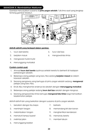 25 
BAHAGIAN A: Memindahkan Maklumat 
Gambar menunjukkan suasana di pintu pagar sekolah. Tulis lima ayat yang lengkap tentang gambar tersebut. 
Aktiviti-aktiviti yang terdapat dalam gambar. 
1. 
turun dari kereta 
5. 
turun dari bas 
2. 
berjalan masuk 
6. 
mengawal lalu lintas 
3. 
mengawasi murid-murid 
4. 
menunggang motosikal 
Contoh-contoh ayat: 
1. 
Ahmad turun dari kereta ayahnya setelah kereta itu berhenti di hadapan perkarangan sekolah. 
2. 
Beberapa orang pelajar yang baru tiba sedang berjalan masuk ke dalam kawasan sekolah. 
3. 
Seorang pengawas yang bertugas di pintu pagar sekolah sedang mengawasi pelajar yang baru tiba. 
4. 
Encik Abu menghantar anaknya ke sekolah dengan menunggang motosikal. 
5. 
Beberapa orang pelajar sedang turun dari bas sekolah dengan riangnya. 
6. 
Seorang pengawal lalu lintas bertugas mengawal lalu lintas bagi memastikan keselamatan pelajar. 
Aktiviti-aktiviti lain yang berkaitan dengan suasana di pintu pagar sekolah. 
1. 
bersalam dengan ibu bapa 
7. 
berbaris 
2. 
memimpin tangan 
8. 
memandang kiri dan kanan 
3. 
melambaikan tangan 
9. 
menghentikan kenderaan 
4. 
mematuhi lampui isyarat 
10. 
memandu kereta 
5. 
melintasi jalan 
11. 
memberi laluan 
6. 
menunggang basikal 
1 
2 
3 
4 
5 
6  