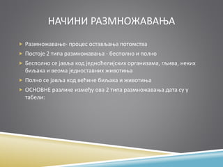 НАЧИНИ РАЗМНОЖАВАЊА
 Размножавање- процес остављања потомства
 Постоје 2 типа размножавања - бесполно и полно
 Бесполно се јавља код једноћелијских организама, гљива, неких
биљака и веома једноставних животиња
 Полно се јавља код већине биљака и животиња
 ОСНОВНЕ разлике између ова 2 типа размножавања дата су у
табели:
 