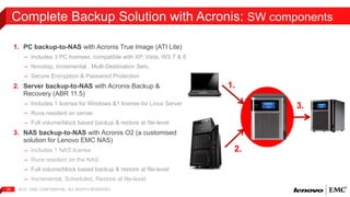 Complete Backup Solution with Acronis: SW components 
1. PC backup-to-NAS with Acronis True Image (ATI Lite) 
– Includes 3 PC licenses, compatible with XP, Vista, WS 7 & 8 
– Nonstop, Incremental , Multi-Destination Sets, 
– Secure Encryption & Password Protection 
2. Server backup-to-NAS with Acronis Backup & 
Recovery (ABR 11.5) 
– Includes 1 license for Windows &1 license for Linux Server 
– Runs resident on server 
– Full volume/block based backup & restore at file-level 
3. NAS backup-to-NAS with Acronis O2 (a customised 
solution for Lenovo EMC NAS) 
– Includes 1 NAS license 
– Runs resident on the NAS 
– Full volume/block based backup & restore at file-level 
– Incremental, Scheduled, Restore at file-level 
2012 | EMC 22 CONFIDENTIAL. ALL RIGHTS RESERVED. 
1. 
2. 
3. 
 