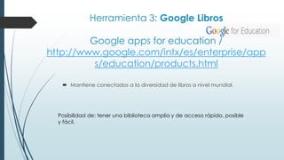 Herramienta 3: Google Libros
Google apps for education /
http://www.google.com/intx/es/enterprise/app
s/education/products.html
Mantiene conectados a la diversidad de libros a nivel mundial.
Posibilidad de: tener una biblioteca amplia y de acceso rápido, posible
y fácil.