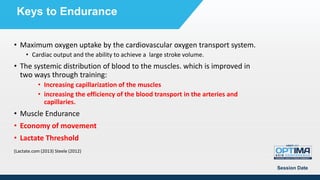 • Maximum oxygen uptake by the cardiovascular oxygen transport system.
• Cardiac output and the ability to achieve a large stroke volume.
• The systemic distribution of blood to the muscles. which is improved in
two ways through training:
• Increasing capillarization of the muscles
• increasing the efficiency of the blood transport in the arteries and
capillaries.
• Muscle Endurance
• Economy of movement
• Lactate Threshold
(Lactate.com (2013) Steele (2012)
Session Date
Keys to Endurance
 