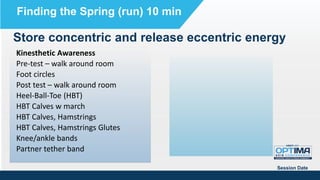 Store concentric and release eccentric energy
Session Date
Finding the Spring (run) 10 min
Kinesthetic Awareness
Pre-test – walk around room
Foot circles
Post test – walk around room
Heel-Ball-Toe (HBT)
HBT Calves w march
HBT Calves, Hamstrings
HBT Calves, Hamstrings Glutes
Knee/ankle bands
Partner tether band
 