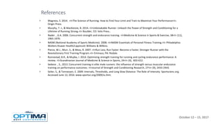 October 12 – 15, 2017
• Magness, S. 2014. <I>The Science of Running: How to Find Your Limit and Train to Maximize Your Performance<I>.
Origin Press.
• Murphy, T. J., & MacKenzie, B. 2014. <I>Unbreakable Runner: Unleash the Power of Strength and Conditioning for a
Lifetime of Running Strong.<I> Boulder, CO: Velo Press..
• Nader , G.A. 2006. Concurrent strength and endurance training. <I>Medicine & Science in Sports & Exercise, 38<I> (11),
1965-1970.
• NASM (National Academy of Sports Medicine). 2008. <I>NASM Essentials of Personal Fitness Training.<I> Philadelphia:
Wolters Kluwer Health/Lippincott Williams & Wilkins.
• Pierce, W.J., Murr, S., & Moss, R. 2007. <I>Run Less, Run Faster: Become a Faster, Stronger Runner with the
Revolutionary First Training Program.<I> Emmaus, PA: Rodale.
• Ronnestad, B.R., & Mujika, I. 2014. Optimizing strength training for running and cycling endurance performance: A
review. <I>Scandinavian Journal of Medicine & Science in Sports, 24<I> (4), 603-612.
• Sedano , S., 2013. Concurrent training in elite male runners: the influence of strength versus muscular endurance
training on performance outcomes. <I>Journal of Strength and Conditioning Research, 27<I> (9), 2433-2443.
• Seiler, S., & Tonnessen, E. 2009. Intervals, Thresholds, and Long Slow Distance: The Role of Intensity. Sportscienc.org.
Accessed June 13, 2016: www.sportsci.org/2009/ss.htm.
References
 