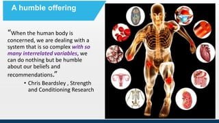 Session Date
A humble offering
“When the human body is
concerned, we are dealing with a
system that is so complex with so
many interrelated variables, we
can do nothing but be humble
about our beliefs and
recommendations.”
• Chris Beardsley , Strength
and Conditioning Research
 
