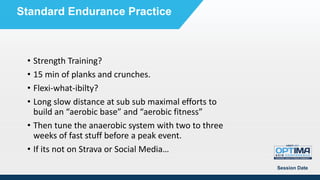 • Strength Training?
• 15 min of planks and crunches.
• Flexi-what-ibilty?
• Long slow distance at sub sub maximal efforts to
build an “aerobic base” and “aerobic fitness”
• Then tune the anaerobic system with two to three
weeks of fast stuff before a peak event.
• If its not on Strava or Social Media…
Session Date
Standard Endurance Practice
 