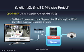 Solution #2: Small & Mid-size Project*
QNAP NVR (All-in-1 Storage with QNAP’s VMS)
• DVR-like Experience. Local Display/ Live Monitoring thru HDMI
• Complete Turnkey Recording System

1080p @ 200 FPS

VMS
Storage

* 4-16 Ch/ 16-64Ch

11

 