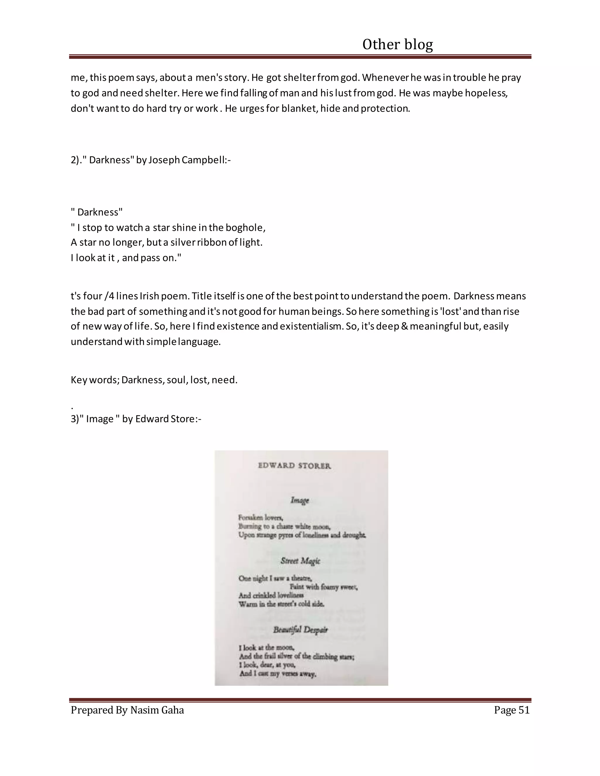 Other blog
Prepared By Nasim Gaha Page 51
me,thispoemsays,abouta men'sstory.He got shelterfromgod.Wheneverhe wasintrouble he pray
to god andneedshelter.Here we findfallingof manand hislustfromgod. He was maybe hopeless,
don't wantto do hard try or work. He urgesfor blanket,hide andprotection.
2)." Darkness"by JosephCampbell:-
" Darkness"
" I stop to watcha star shine inthe boghole,
A star no longer,buta silverribbonof light.
I lookat it , andpass on."
t's four /4 linesIrishpoem.Title itself isone of the bestpointtounderstandthe poem. Darknessmeans
the bad part of somethingandit'snotgoodfor humanbeings.Sohere somethingis'lost'andthanrise
of newwayof life.So,here Ifindexistence andexistentialism.So,it'sdeep&meaningful but,easily
understandwithsimplelanguage.
Keywords;Darkness,soul,lost,need.
.
3)" Image " by Edward Store:-
 