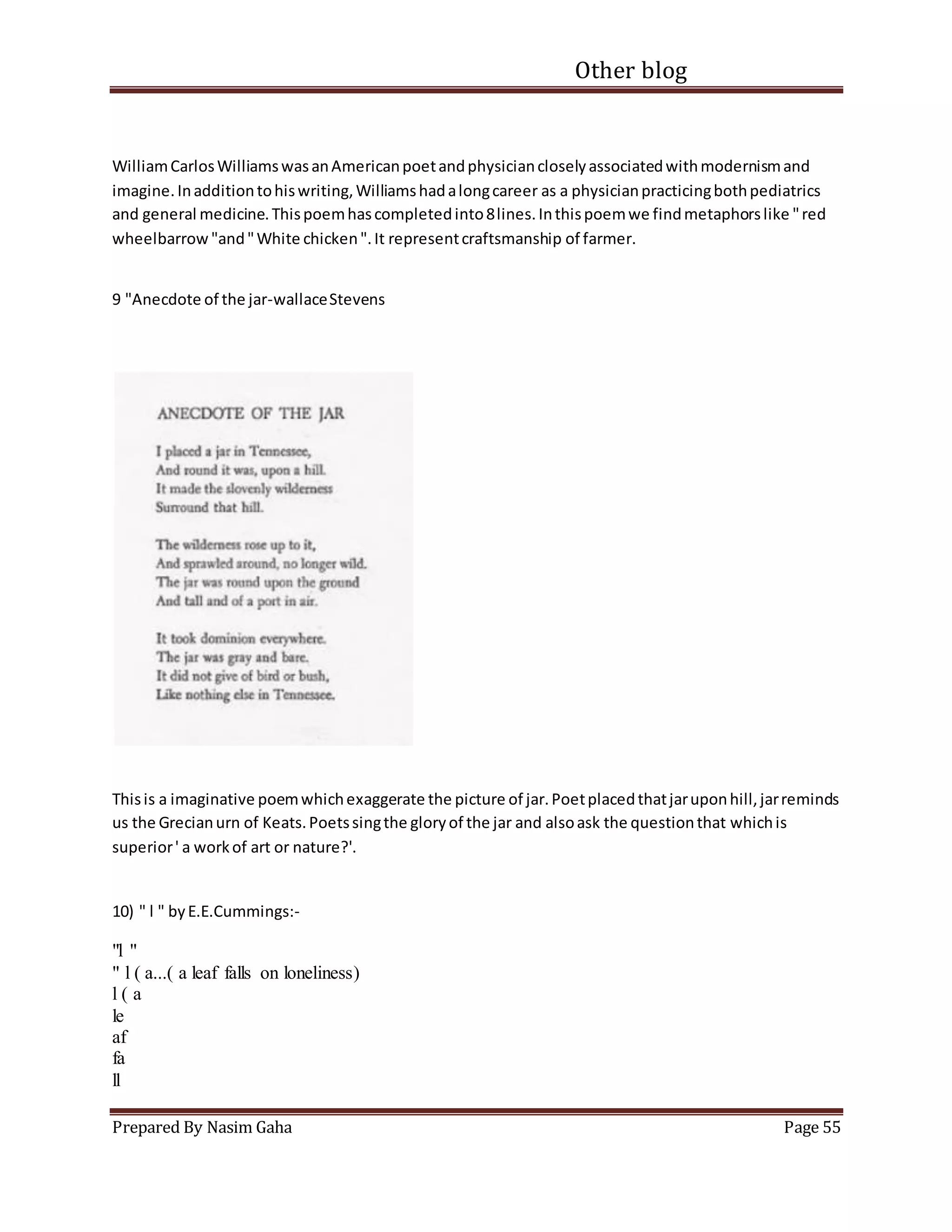 Other blog
Prepared By Nasim Gaha Page 55
WilliamCarlosWilliamswasanAmericanpoetandphysiciancloselyassociatedwithmodernismand
imagine.Inadditiontohiswriting,Williamshadalongcareer as a physicianpracticingbothpediatrics
and general medicine.Thispoemhascompletedinto8lines.Inthispoemwe findmetaphorslike "red
wheelbarrow "and"White chicken".It representcraftsmanship of farmer.
9 "Anecdote of the jar-wallaceStevens
Thisis a imaginative poemwhichexaggerate the picture of jar.Poetplacedthatjaruponhill,jarreminds
us the Grecianurn of Keats.Poetssingthe gloryof the jar and alsoask the questionthat whichis
superior' a workof art or nature?'.
10) " l " byE.E.Cummings:-
"l "
" l ( a...( a leaf falls on loneliness)
l ( a
le
af
fa
ll
 