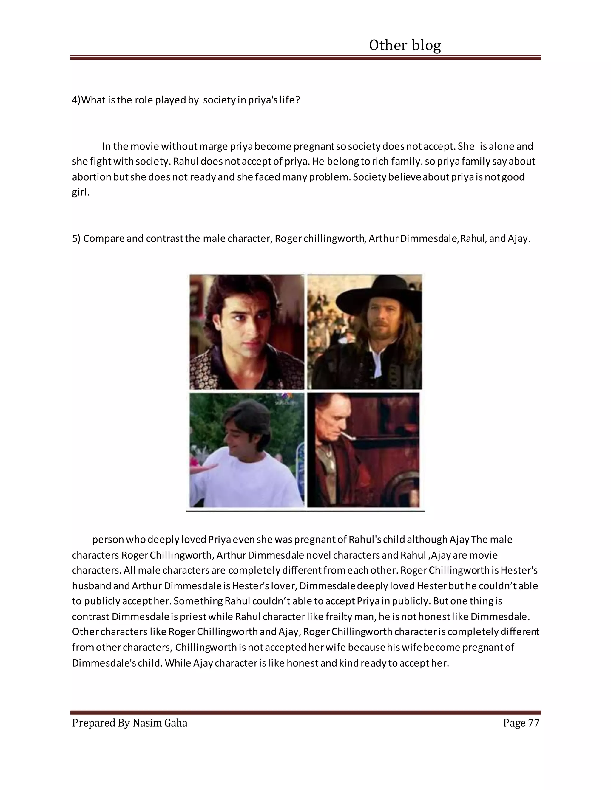 Other blog
Prepared By Nasim Gaha Page 77
4)What isthe role playedby societyinpriya'slife?
In the movie withoutmarge priyabecome pregnantsosocietydoesnotaccept.She isalone and
she fightwithsociety.Rahul doesnotacceptof priya.He belongtorich family.sopriyafamilysayabout
abortionbutshe doesnot readyand she facedmanyproblem.Societybelieveaboutpriyaisnotgood
girl.
5) Compare and contrastthe male character,Rogerchillingworth,ArthurDimmesdale,Rahul,andAjay.
personwhodeeplylovedPriyaevenshe waspregnantof Rahul'schildalthoughAjayThe male
characters RogerChillingworth,ArthurDimmesdale novel charactersandRahul ,Ajayare movie
characters.All male charactersare completelydifferentfromeachother.RogerChillingworthisHester's
husbandandArthur DimmesdaleisHester'slover,DimmesdaledeeplylovedHesterbuthe couldn’table
to publiclyaccepther.SomethingRahul couldn’t able toacceptPriyainpublicly.Butone thingis
contrast Dimmesdaleispriestwhile Rahul characterlike frailtyman,he isnothonestlike Dimmesdale.
Othercharacters like RogerChillingworthandAjay,RogerChillingworthcharacteriscompletelydifferent
fromothercharacters, Chillingworthisnotacceptedherwife becausehiswifebecome pregnantof
Dimmesdale'schild.While Ajaycharacterislike honestandkindreadytoaccepther.
 