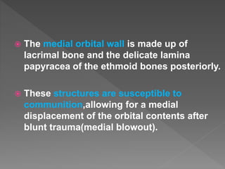  The medial orbital wall is made up of
lacrimal bone and the delicate lamina
papyracea of the ethmoid bones posteriorly.
 These structures are susceptible to
communition,allowing for a medial
displacement of the orbital contents after
blunt trauma(medial blowout).
 