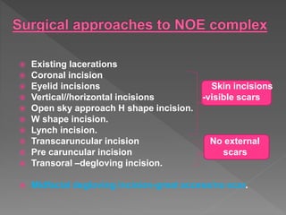  Existing lacerations
 Coronal incision
 Eyelid incisions Skin incisions
 Vertical//horizontal incisions -visible scars
 Open sky approach H shape incision.
 W shape incision.
 Lynch incision.
 Transcaruncular incision No external
 Pre caruncular incision scars
 Transoral –degloving incision.
 Midfacial degloving incision-great access/no scar.
 