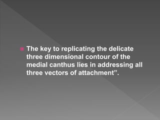 The key to replicating the delicate
three dimensional contour of the
medial canthus lies in addressing all
three vectors of attachment”.
 