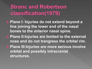  Plane I: Injuries do not extend beyond a
line joining the lower end of the nasal
bones to the anterior nasal spine.
 Plane II:Injuries are limited to the external
nose and do not trangress the orbital rim.
 Plane III:Injuries are more serious involve
orbital and possibly intracranial
structures.
 